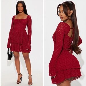 Fashion Nova Dusk To Dawn Lace Mini Dress Romper Burgundy Red Long Sleeve